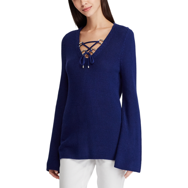 Rich Sapphire Lace-Up Cotton-Blend Sweater Lauren 4