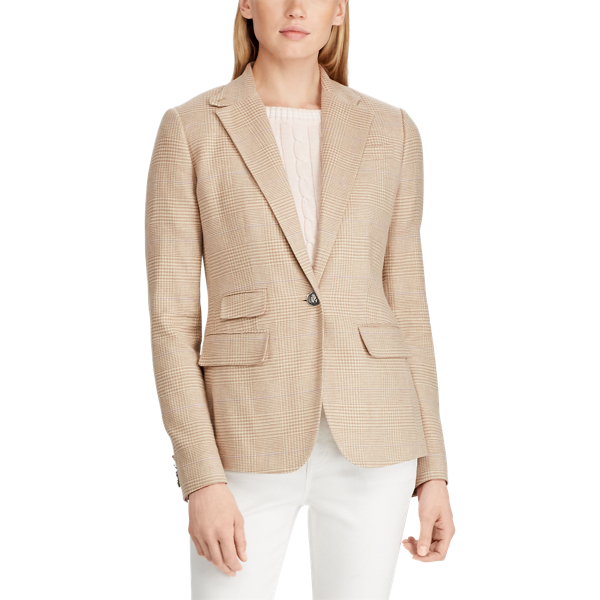 Glen Plaid Linen-Blend Blazer Lauren em Tan Multi 3