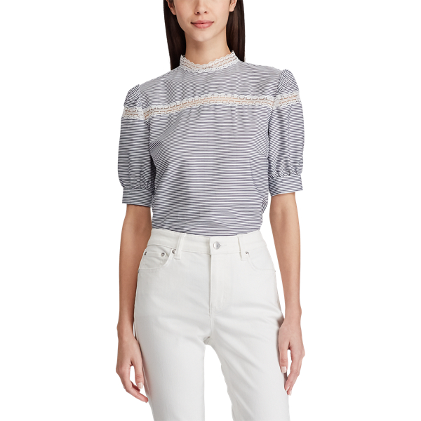 Blue Multi Lace-Trimmed Cotton Top Lauren 3