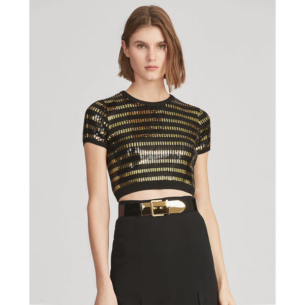 Maglia a girocollo con paillettes Ralph Lauren Collection in Righe oro e nere 4