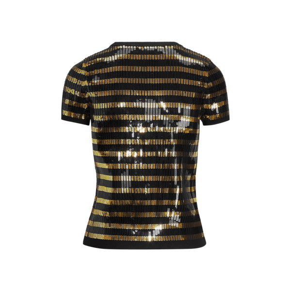 Sequined Crewneck Sweater Ralph Lauren Collection in Black W/ Gold Stripes 2