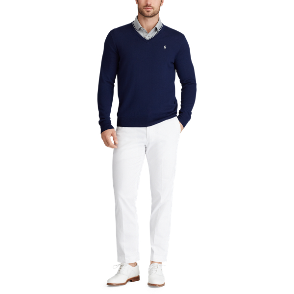 Refined Navy Merino Wool V-Neck Jumper Polo Golf 2