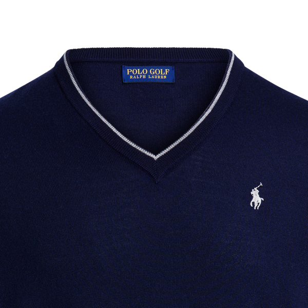 Refined Navy Merino Wool V-Neck Jumper Polo Golf 5