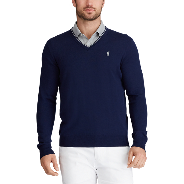 Refined Navy Merino Wool V-Neck Jumper Polo Golf 3