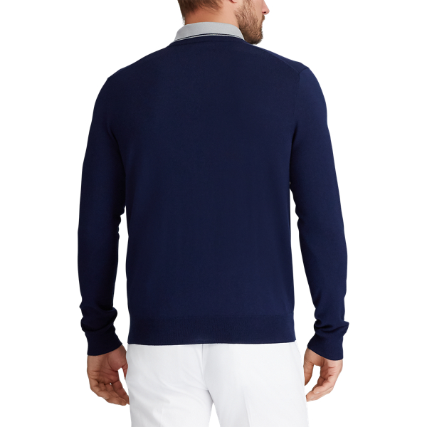 Refined Navy Merino Wool V-Neck Jumper Polo Golf 4