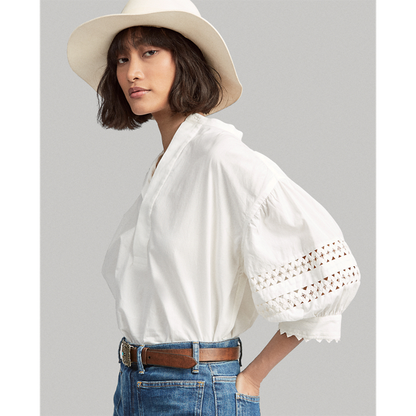 Warm White Lace-Trim Broadcloth Shirt Polo Ralph Lauren 5