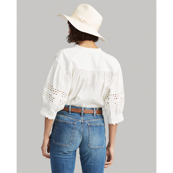 Warm White Lace-Trim Broadcloth Shirt Polo Ralph Lauren 6