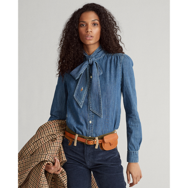 Ralph lauren tie neck denim shirt on sale