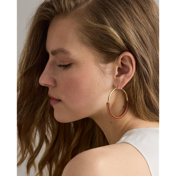 Gold/Cognac Brass-Leather Hoops Lauren 3