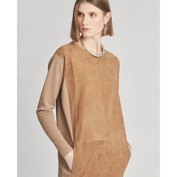 Camel W/ Camel Suede and Wool Crewneck Dress Ralph Lauren Collection 5