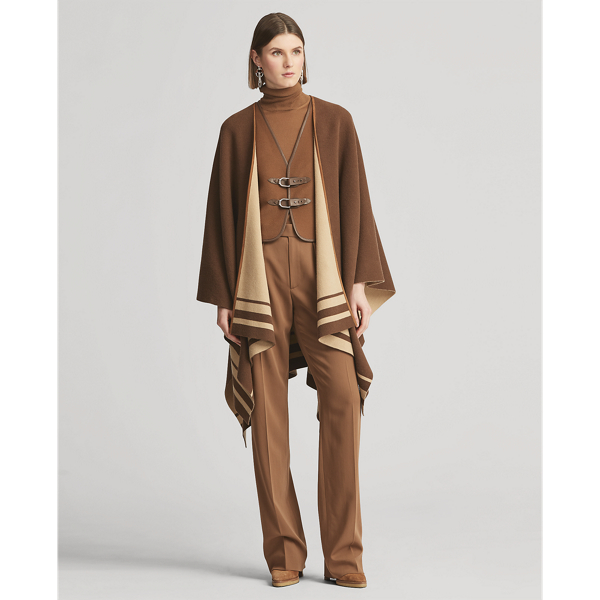 Mocha W/ Wheat Stripes Reversible Wool-Blend Poncho Ralph Lauren Collection 4