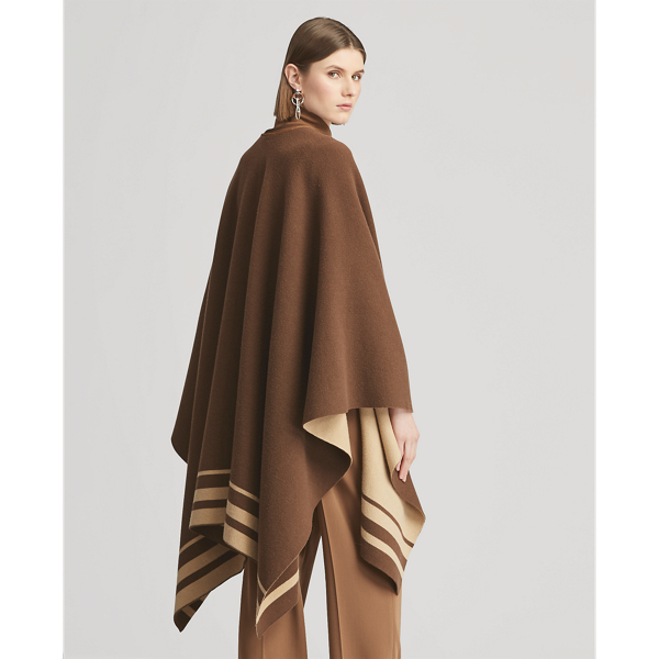 Mocha W/ Wheat Stripes Reversible Wool-Blend Poncho Ralph Lauren Collection 5