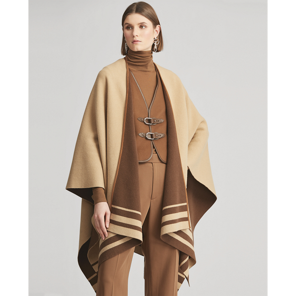Mocha W/ Wheat Stripes Reversible Wool-Blend Poncho Ralph Lauren Collection 6