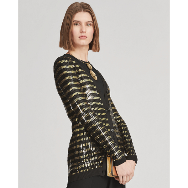 Black W/ Gold Stripes Sequined V-Neck Cardigan Ralph Lauren Collection 3