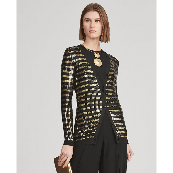 Black W/ Gold Stripes Sequined V-Neck Cardigan Ralph Lauren Collection 4