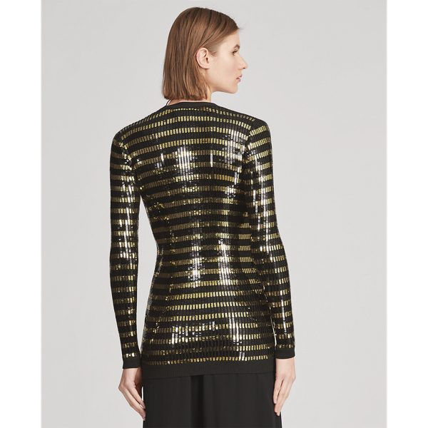 Black W/ Gold Stripes Sequined V-Neck Cardigan Ralph Lauren Collection 5