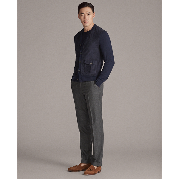 Classic Chairman Navy Suede-Panel Cashmere Cardigan Purple Label 3