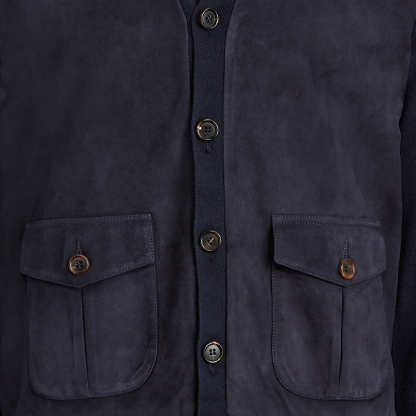 Classic Chairman Navy Suede-Panel Cashmere Cardigan Purple Label 7