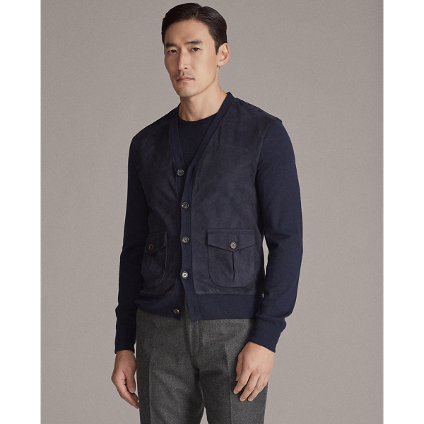 Classic Chairman Navy Suede-Panel Cashmere Cardigan Purple Label 4