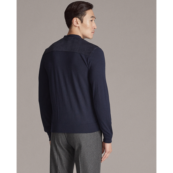 Classic Chairman Navy Suede-Panel Cashmere Cardigan Purple Label 5