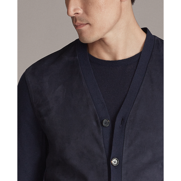Classic Chairman Navy Suede-Panel Cashmere Cardigan Purple Label 6