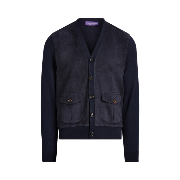 Classic Chairman Navy Suede-Panel Cashmere Cardigan Purple Label 2