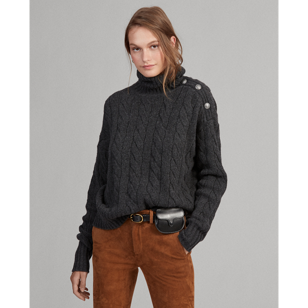 Charcoal Heather Cable-Knit Roll Neck Jumper Polo Ralph Lauren 3