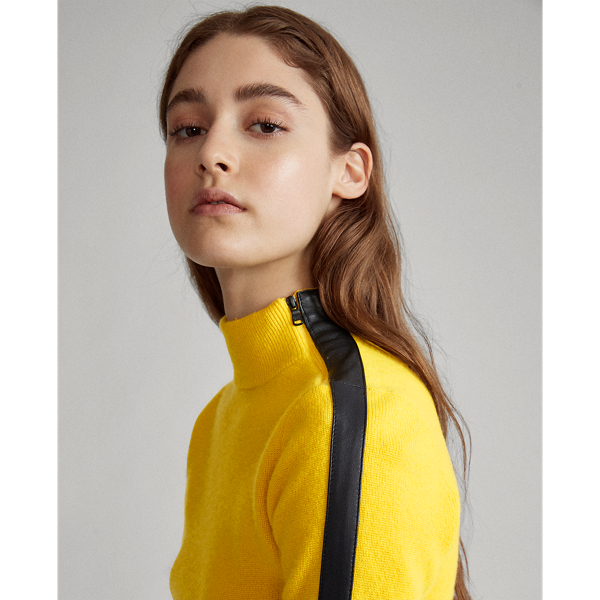Yellow/Black Leather-Trim Cashmere Jumper Polo Ralph Lauren 6
