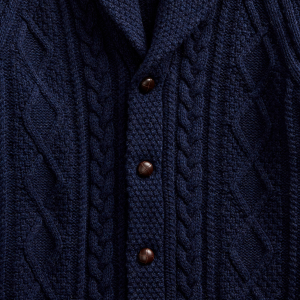 Dark Navy Heather Aran-Knit Wool-Cashmere Cardigan Polo Ralph Lauren 6