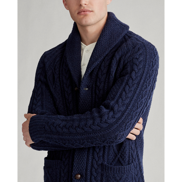 Dark Navy Heather Aran-Knit Wool-Cashmere Cardigan Polo Ralph Lauren 5