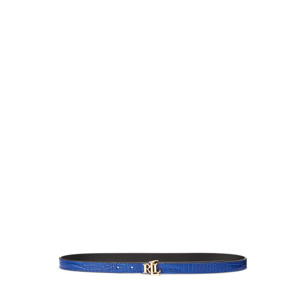 Deep Blue/Black Reversible Embossed Leather Belt Lauren 1