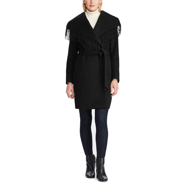 Fringe Wool-Blend Wrap Coat