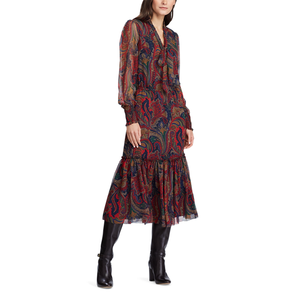 Lauren Navy Multi Georgette Tie-Neck Dress Lauren 3