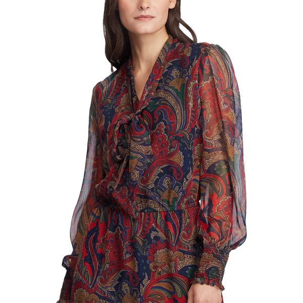 Lauren Navy Multi Georgette Tie-Neck Dress Lauren 5
