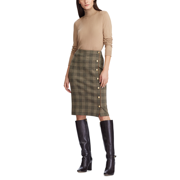 Brown Tan Multi Button-Trim Glen Plaid Skirt Lauren 2