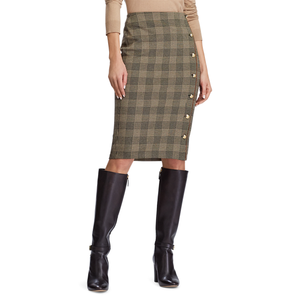 Brown Tan Multi Button-Trim Glen Plaid Skirt Lauren 3