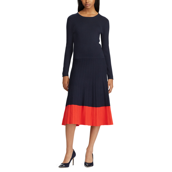 Lauren Navy/Sporting Oran Colour-Block Cotton-Blend Dress Lauren 3