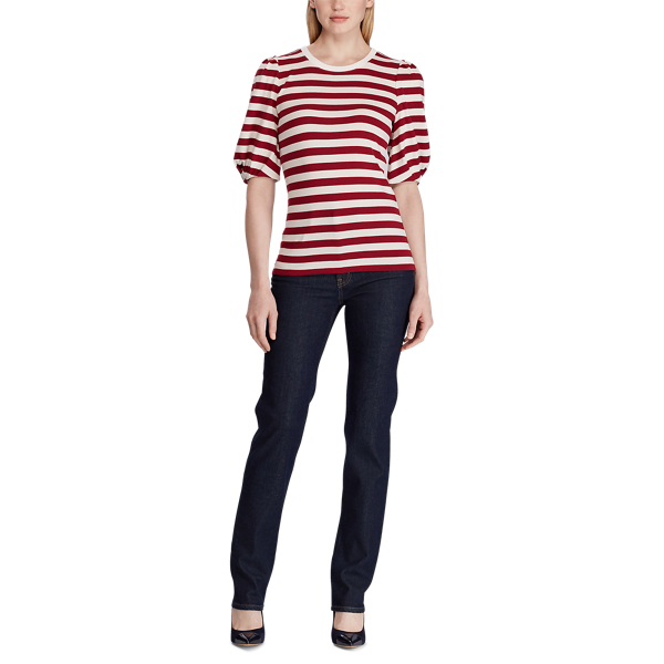 Rasberry/Mascarpone Cream Striped Puff-Sleeve Cotton Top Lauren 2