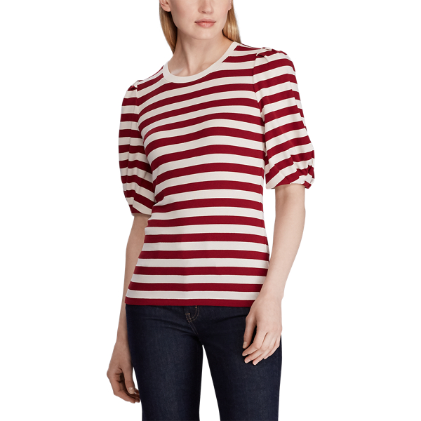 Rasberry/Mascarpone Cream Striped Puff-Sleeve Cotton Top Lauren 3