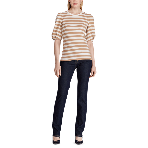 Straw/Mascarpone Cream Striped Puff-Sleeve Cotton Top Lauren 2