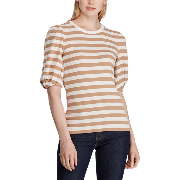 Straw/Mascarpone Cream Striped Puff-Sleeve Cotton Top Lauren 3