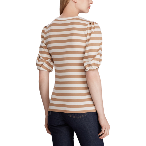 Straw/Mascarpone Cream Striped Puff-Sleeve Cotton Top Lauren 4