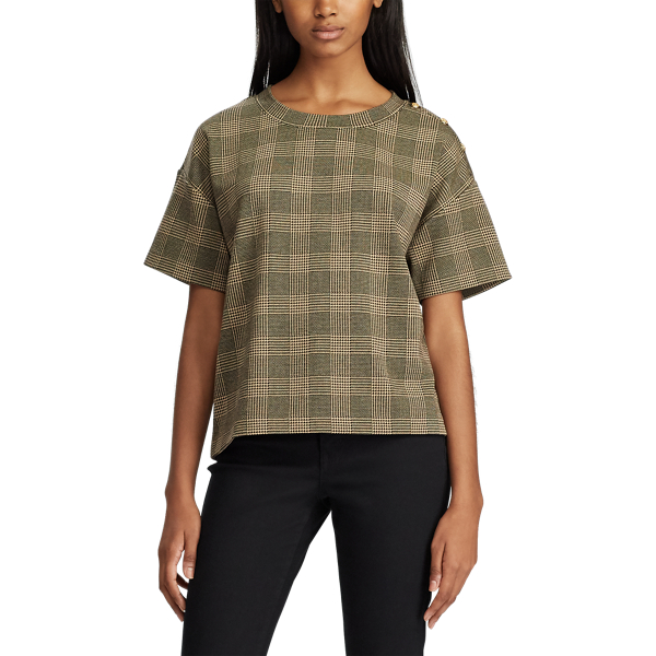 Brown Tan Multi Button-Trim Glen Plaid Top Lauren 3