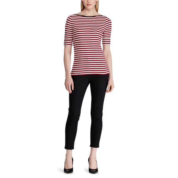 Rasberry/Mascarpone Cream Striped Cotton Boatneck Top Lauren 2