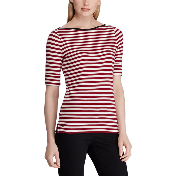 Rasberry/Mascarpone Cream Striped Cotton Boatneck Top Lauren 3