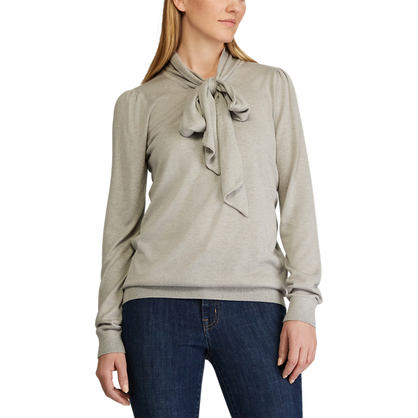 Pearl Grey Heather Knit Tie-Neck Sweater Lauren 3