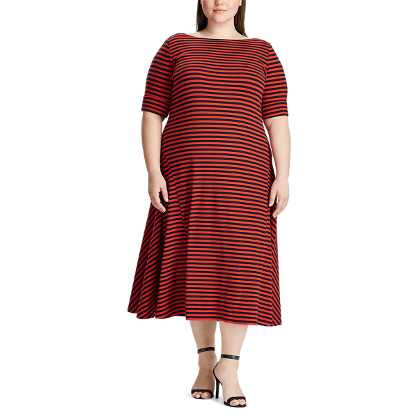 Navy/Sporting Orange Cotton Fit-and-Flare Dress Lauren Woman 2