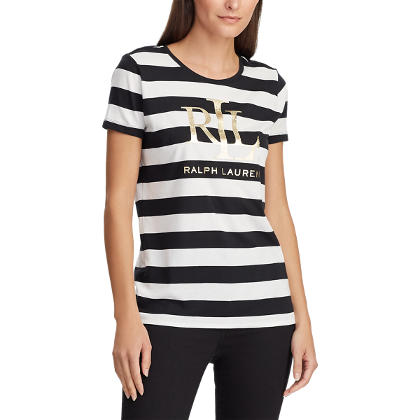 Black/Cream Logo Cotton-Blend Striped Tee Lauren 3