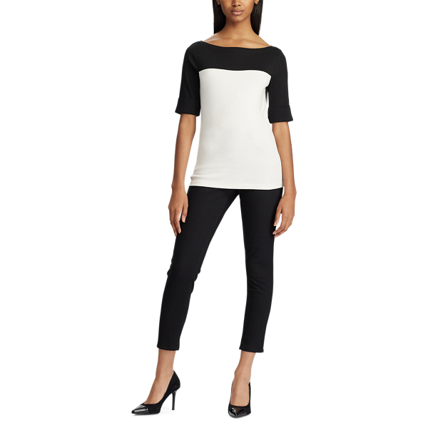 Cream/Black Cotton-Blend Boatneck Top Lauren 2