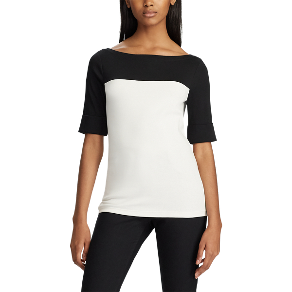 Cream/Black Cotton-Blend Boatneck Top Lauren 3